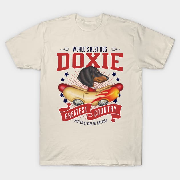 Doxie with red white and blue patriotic Dachshund in Flame Hotdog Car USA T-Shirt by Danny Gordon Art